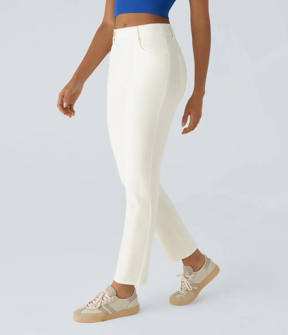 Magic High Waisted Multiple Pockets Straight Leg Washed Stretchy Knit Casual Jeans