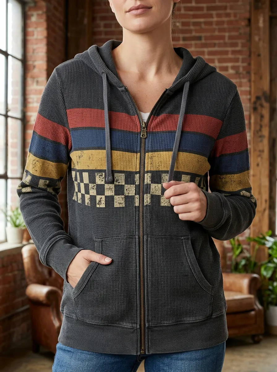 Women's Striped Checkerboard Pattern Printed Waffle Zip Hoodie