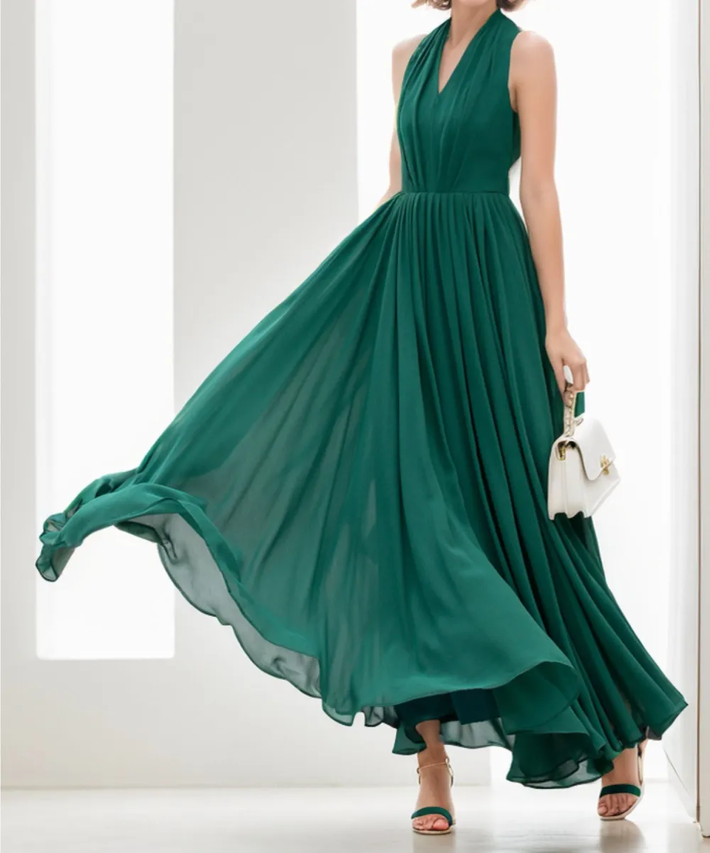 Linen Halter Neck Sleeveless Maxi Dress