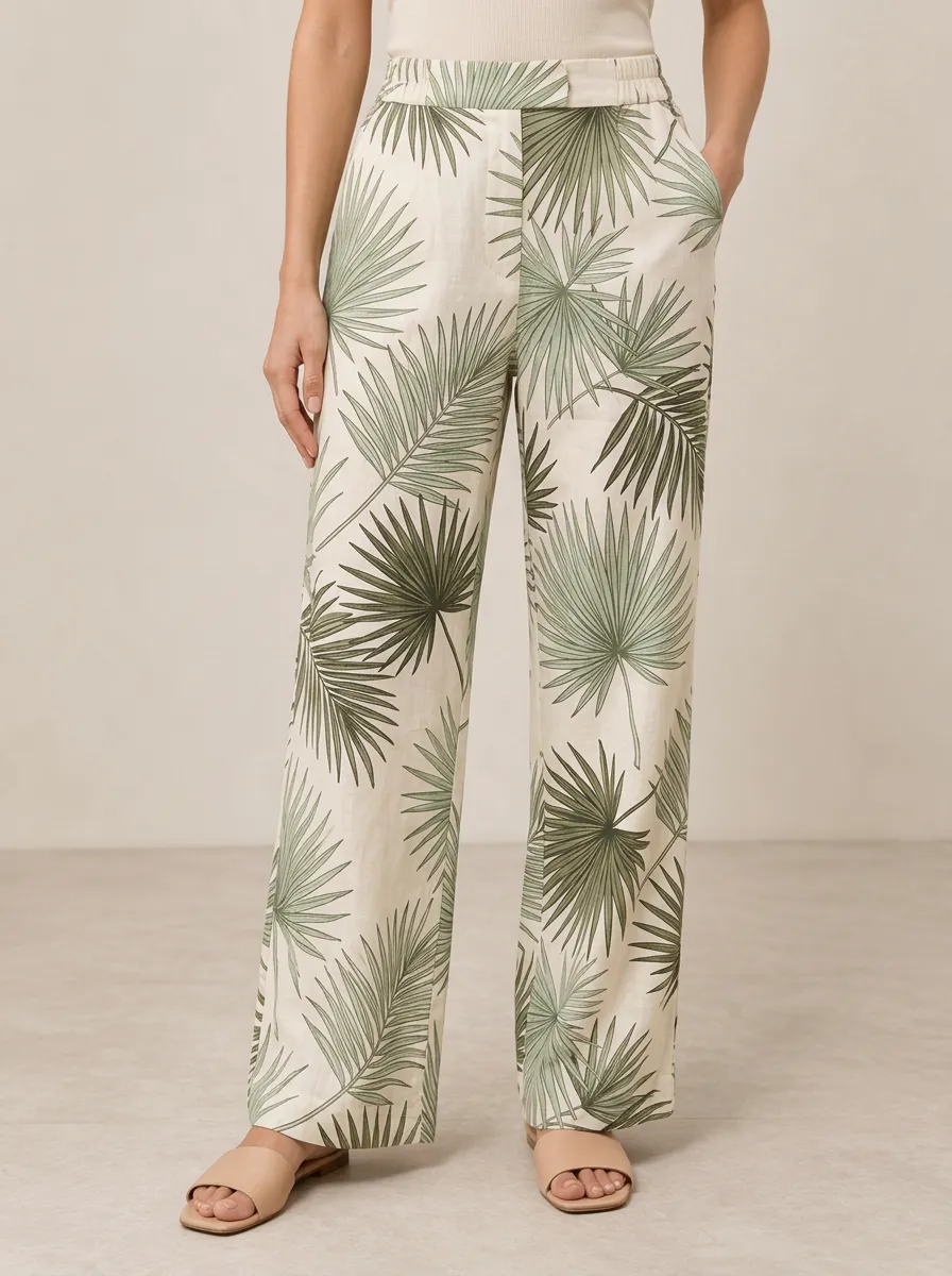Women's Palm Leaf Clean Line Printed Wide Leg Pants