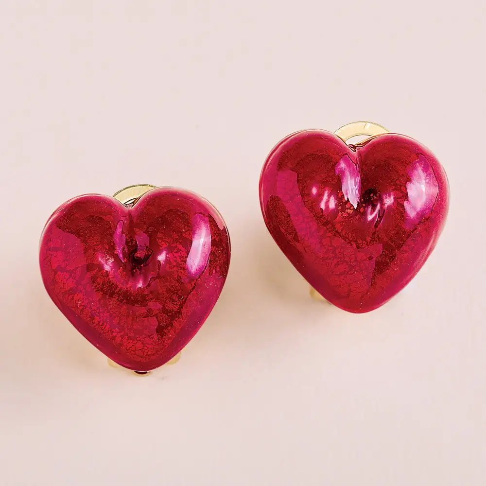 Modern Glass Heart Clip On Earrings