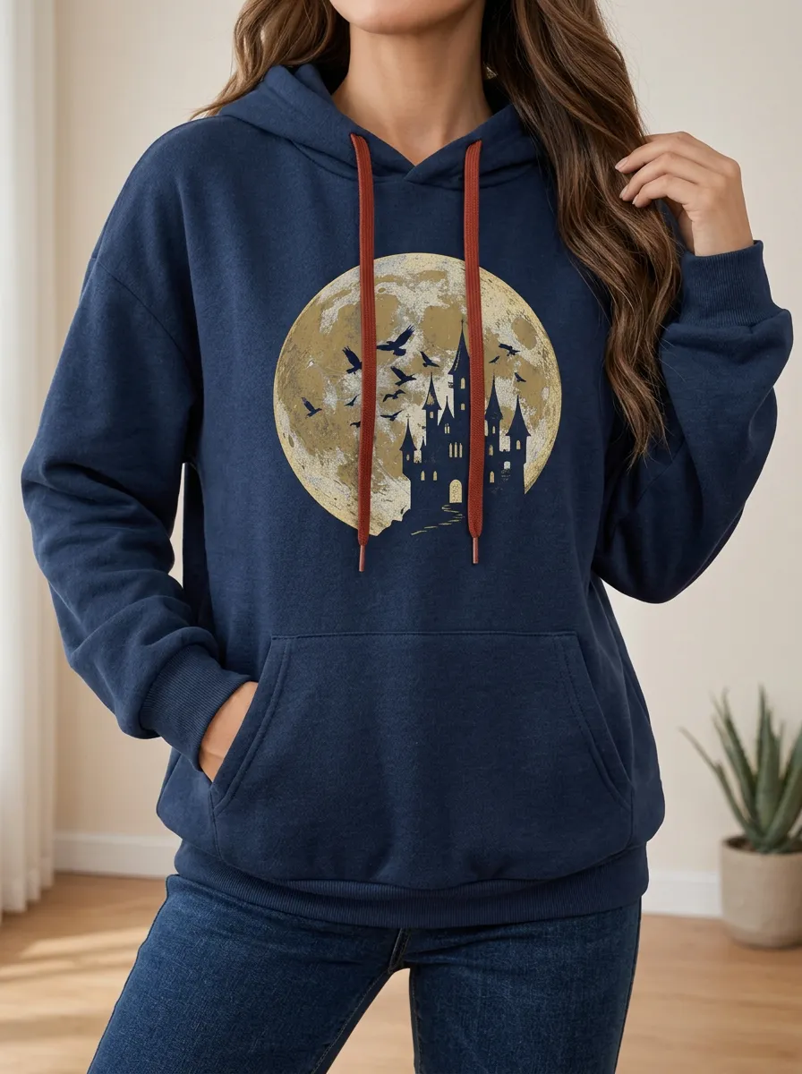 Women's Halloween Spooky Castle Full Moon Printed Hoodie