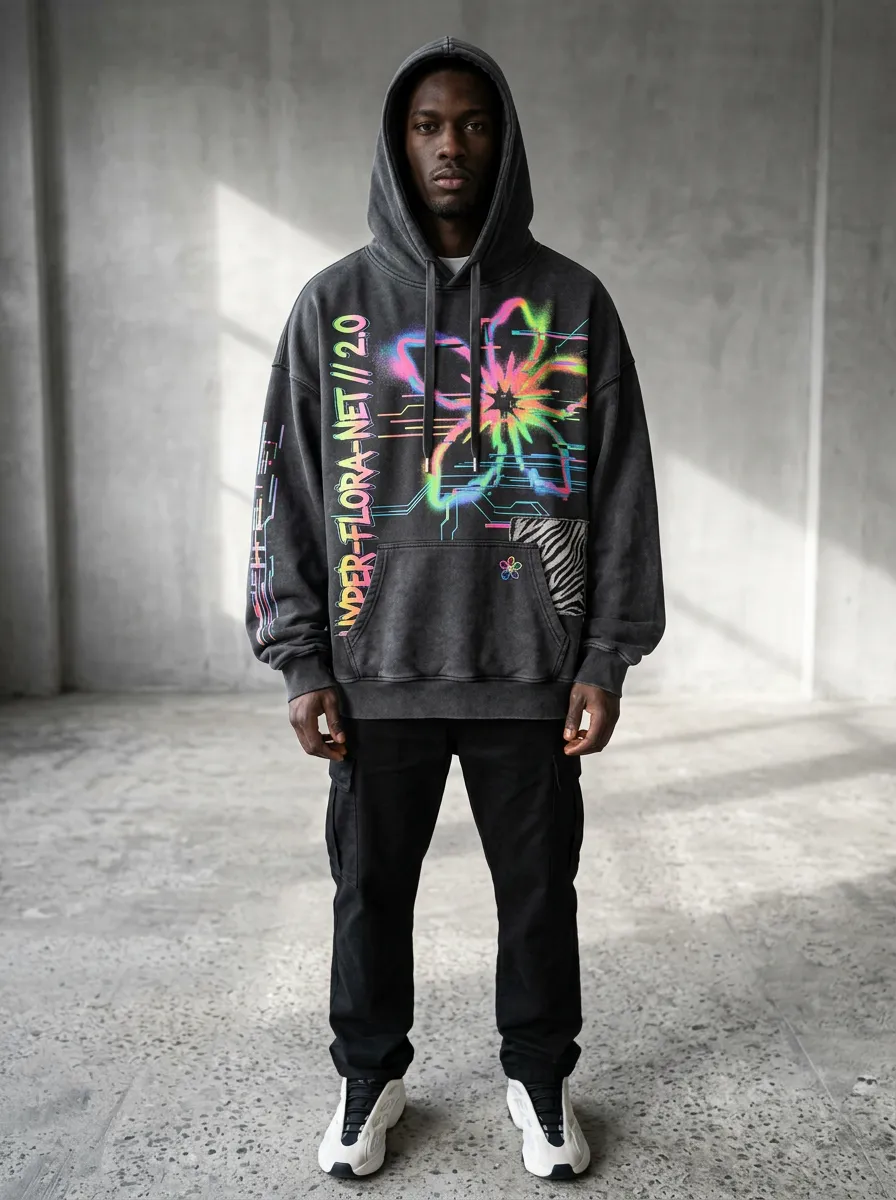 Unisex Streetwear Floral Glitch Hoodie
