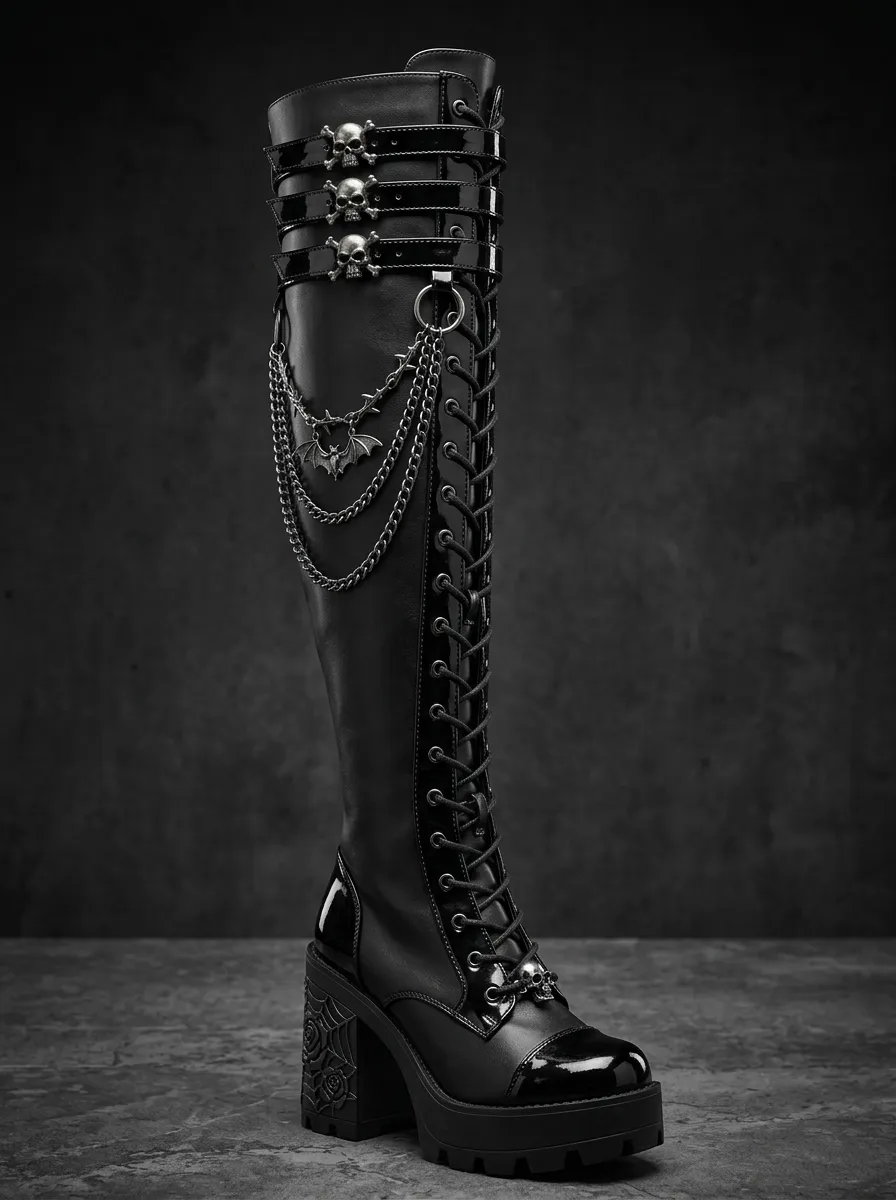Occult-Inspired Skull Bat Lace Gothic Edit Women's Gothic Platform Knee High Boots
