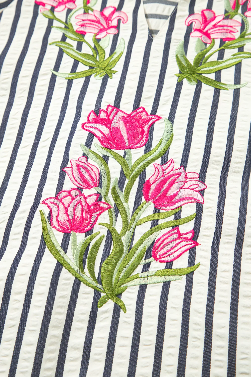 Blue Stripe Floral Embroidered Detail Blouse
