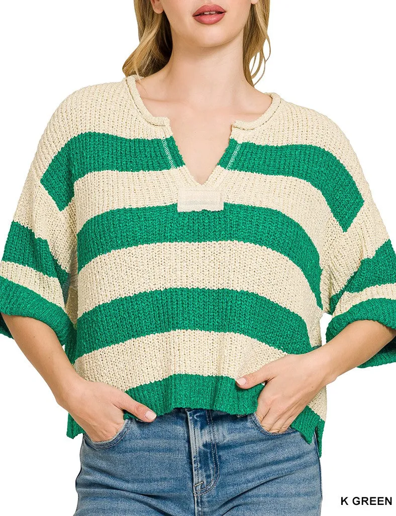 Polyester Split Neck Stripe Sweater