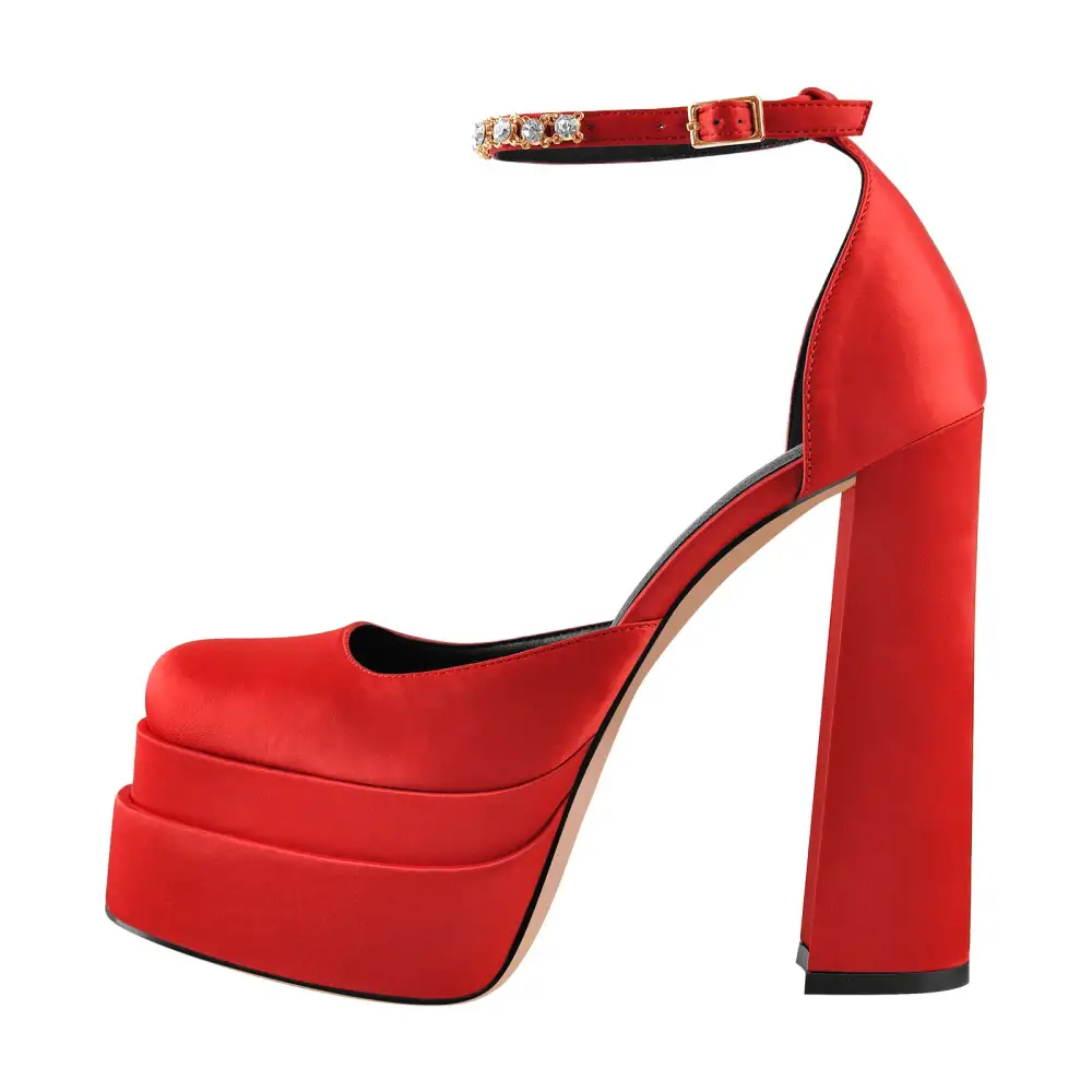 Rhinestone Square Toe Double Platform Chunky Heel Pumps