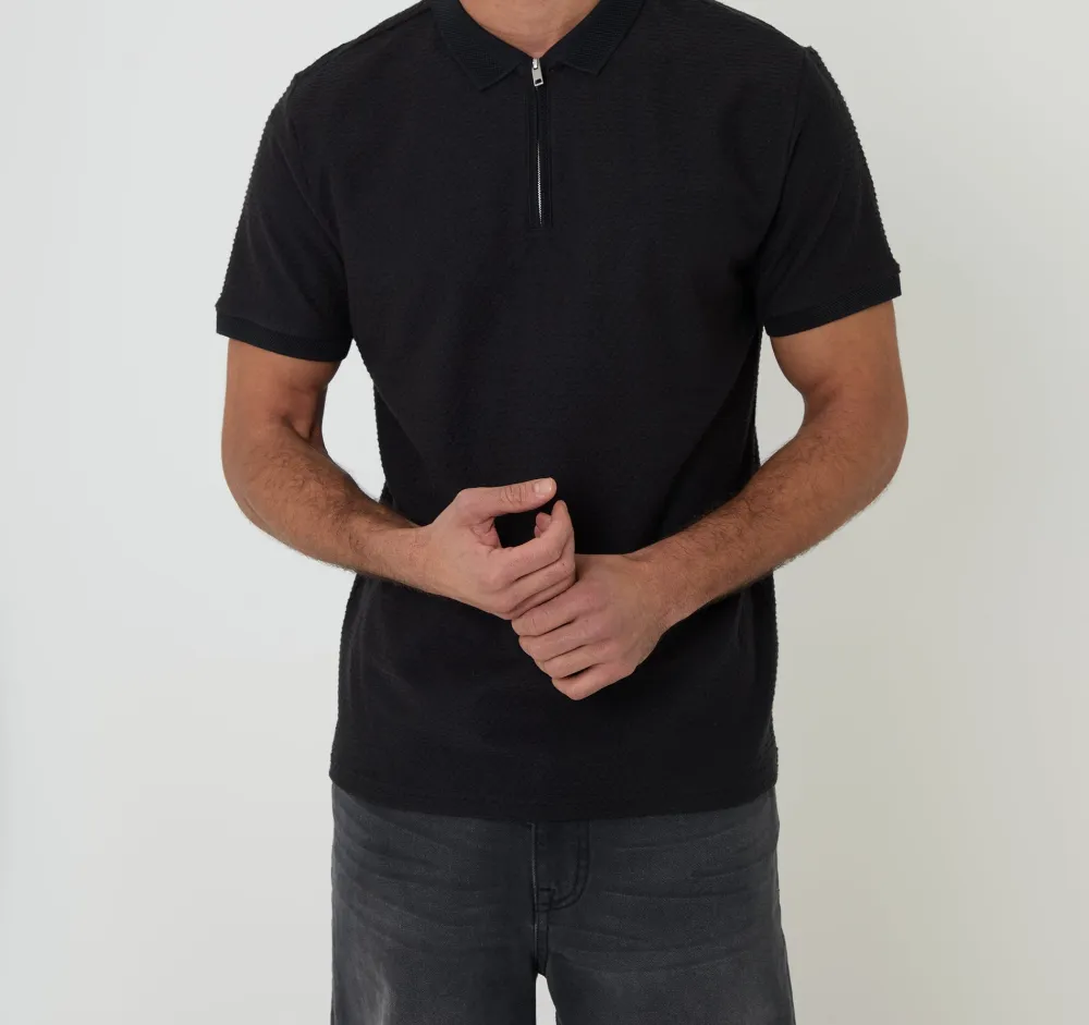 Men's Black Textured Quarter-Zip Polo Shirt