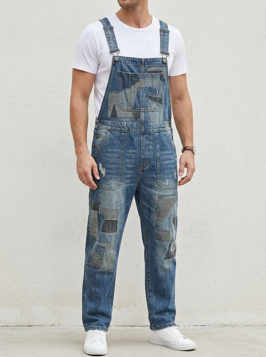 Patchwork Denim Distressed Detail Overalls