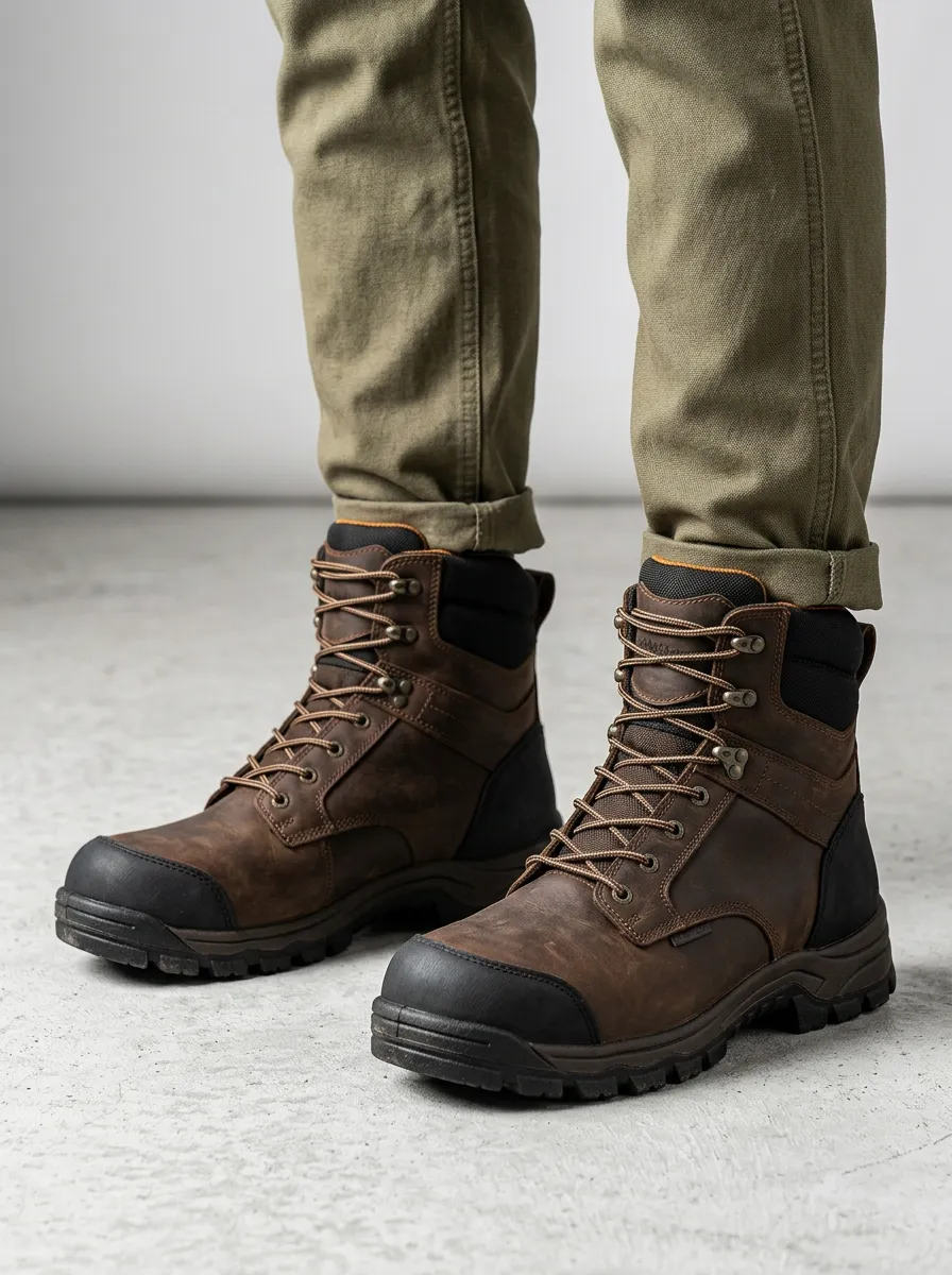 Unisex Waterproof Brown Leather Construction Printed Work Boots