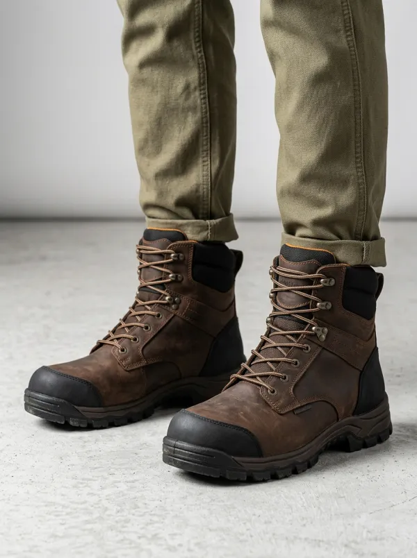 Unisex Waterproof Brown Leather Construction Printed Work Boots