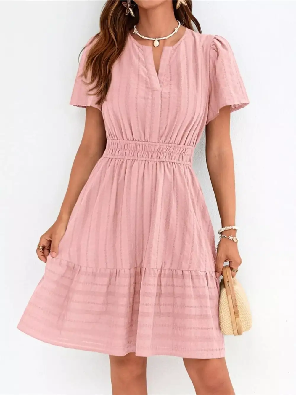 Tiered Smocked Short Sleeve Casual Dress