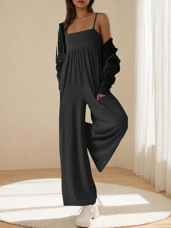 Casual Suspender Sleeveless Square Neck Wide Jumpsuit