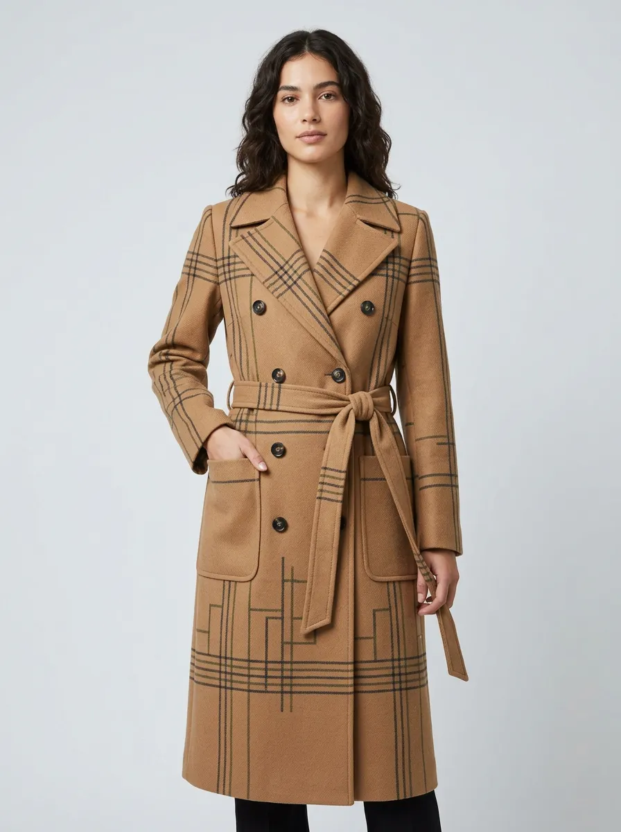 Women's Classic Plaid Pattern Printed Trench Coat