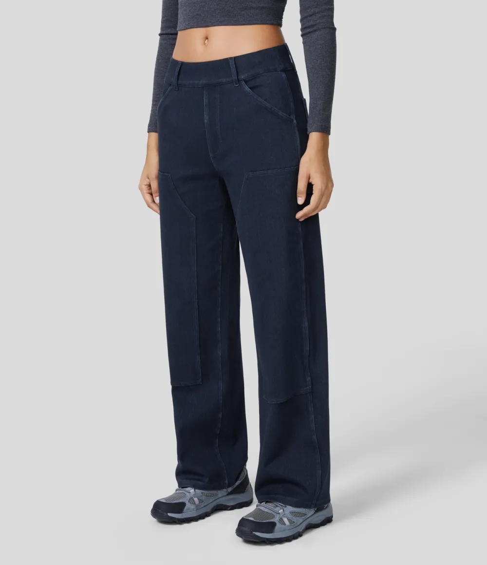 Magic Mid Rise Utility Pockets Straight Leg Stretchy Knit Lumberjack Style Casual Boyfriend Jeans