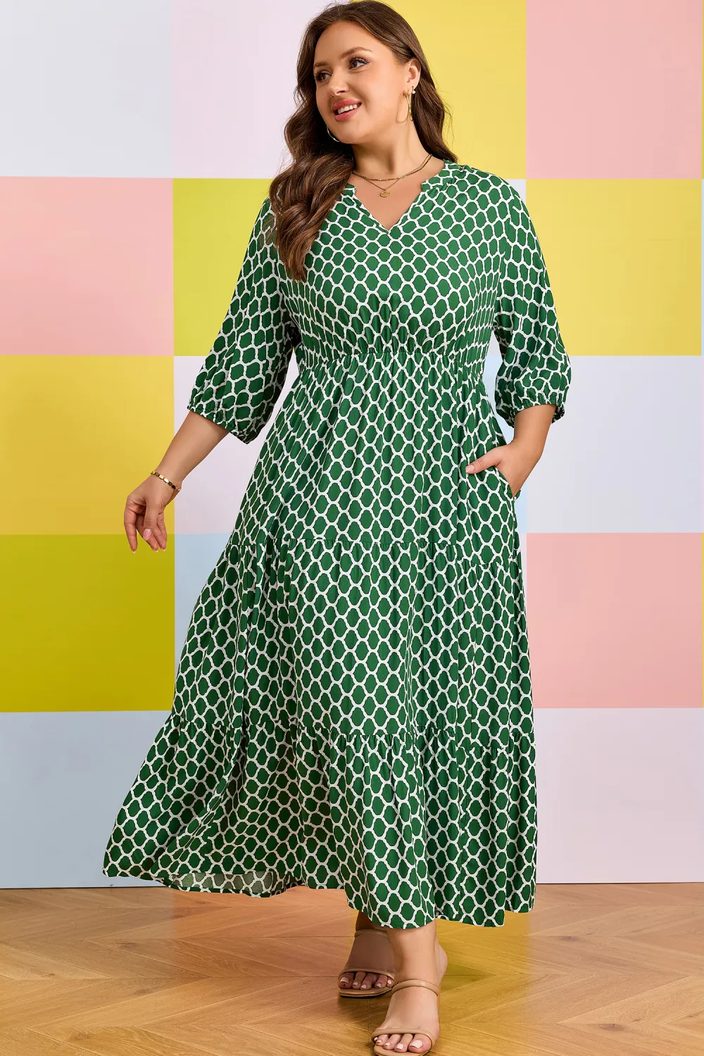Green Geometric Ruffle Hem Dress