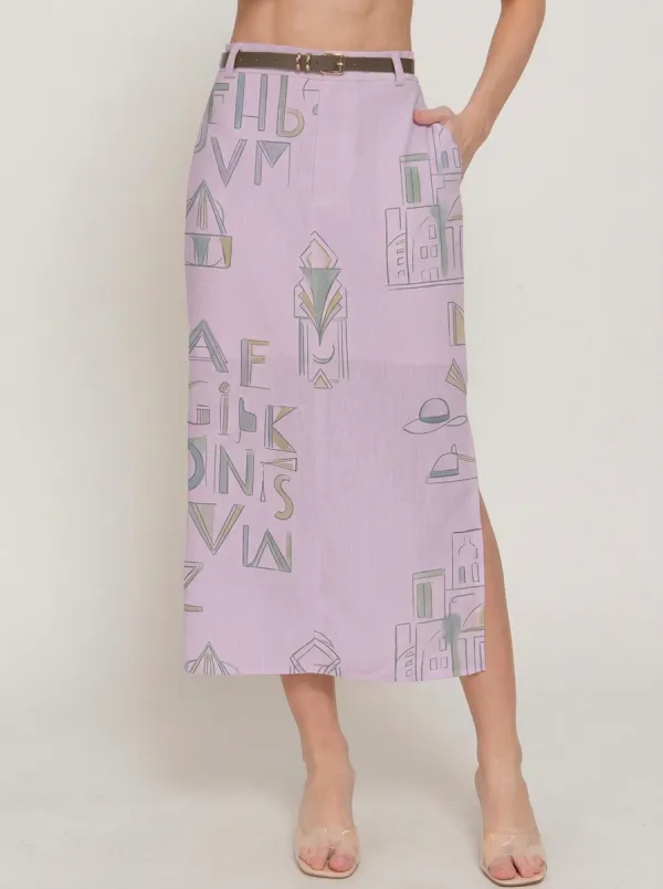 Women's Abstract City Alphabet Printed Midi Skirt