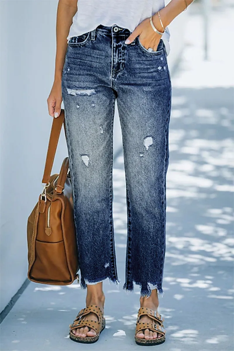 Ripped Raw Hem Zip Fly Jeans