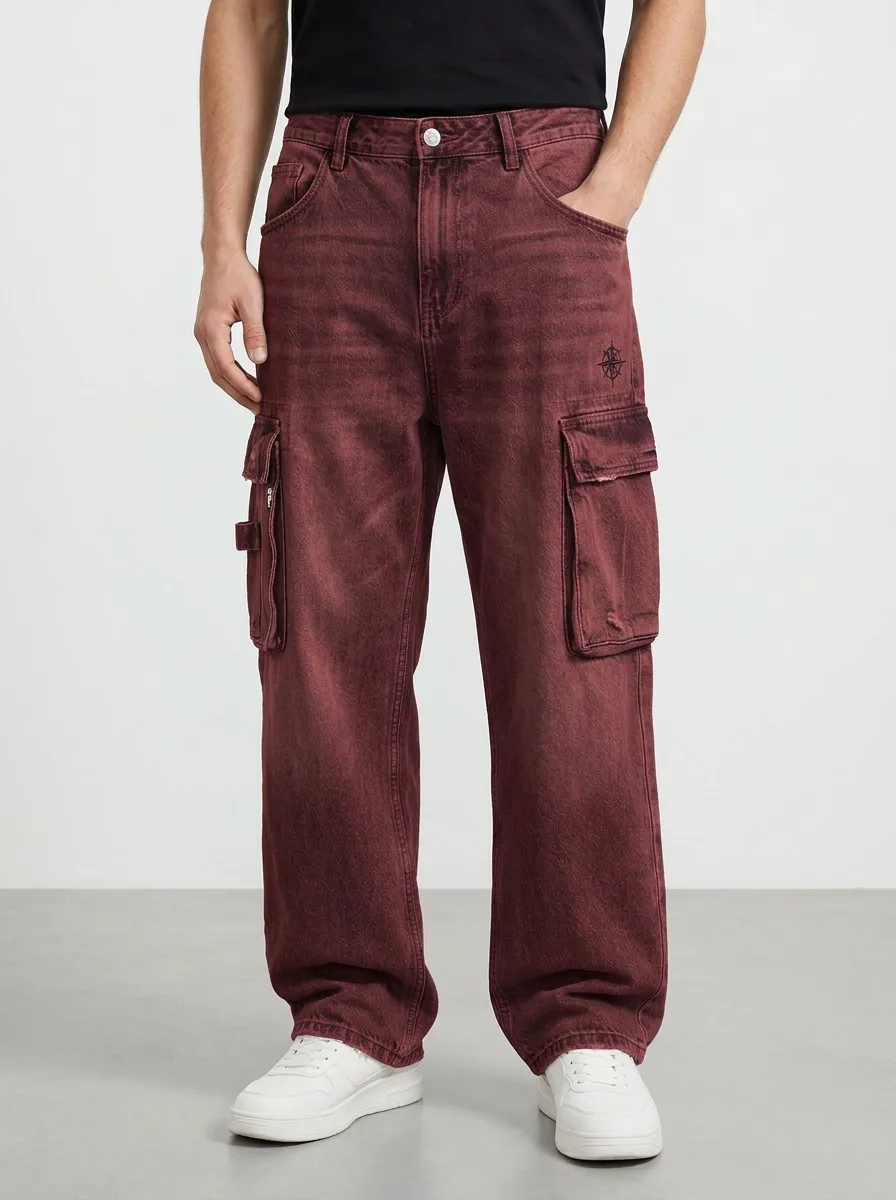 Men's Compass Graphic Light Wash Denim Graphic Cargo Pants