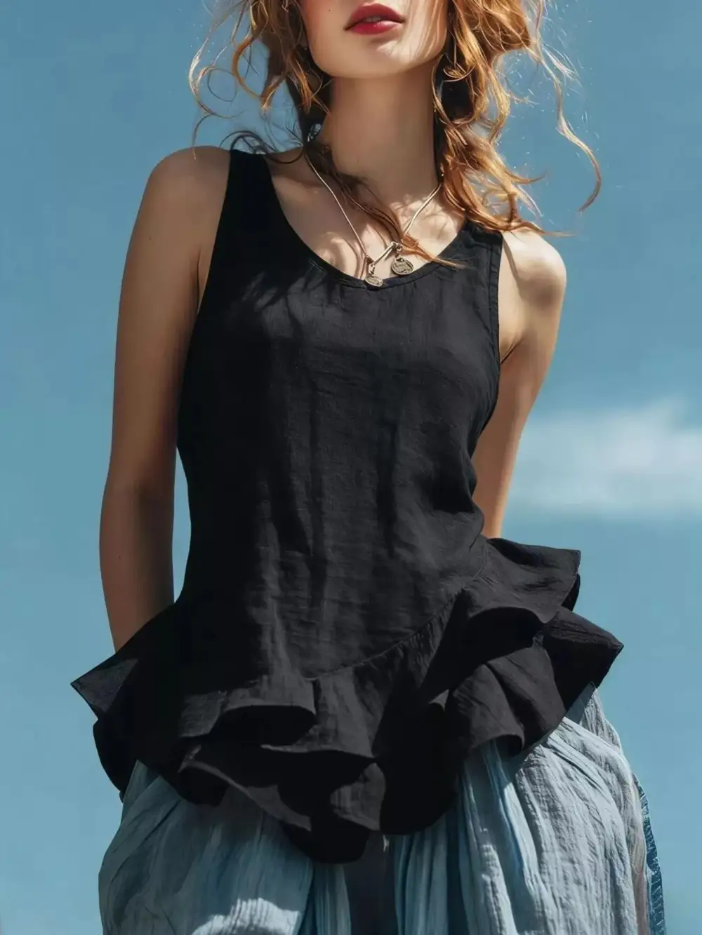 Ruffled Hem Round Neck Tank