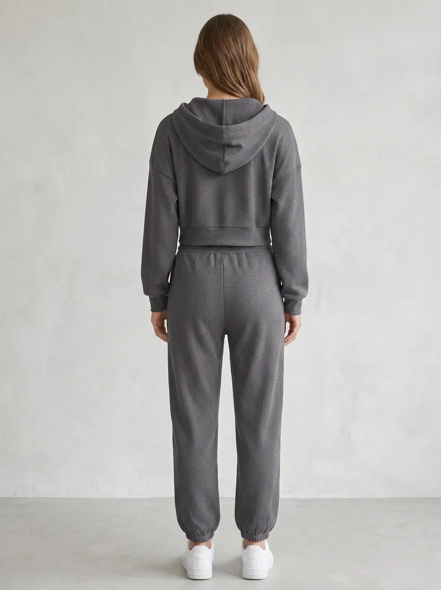 Zip-Up Waffle-Knit Jogger Lounge Women's Cropped Zip-Up Hoodie Jogger Active Set