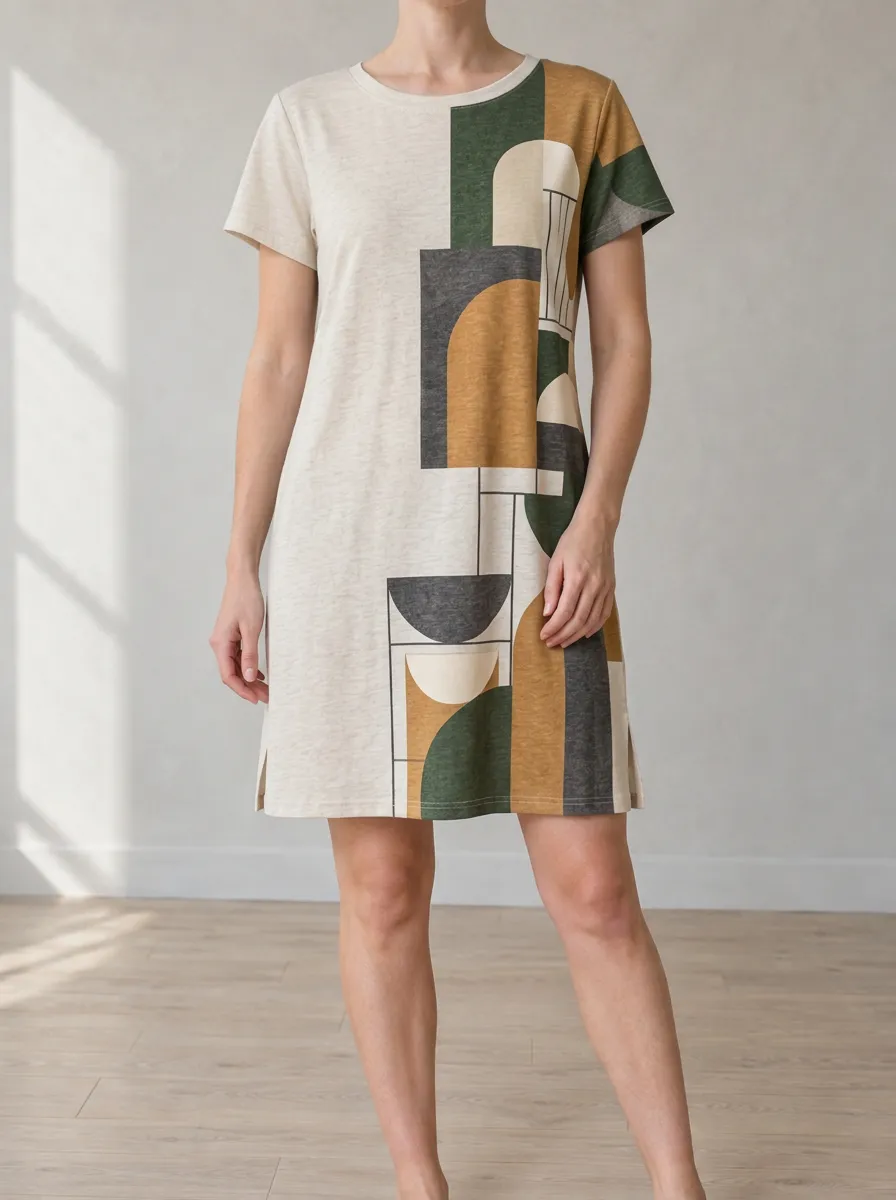 Women's Crew Neck Geometric Print Shift Dress