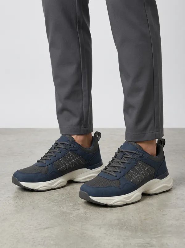 Men's Navy Paneled Lace-Up Sneakers