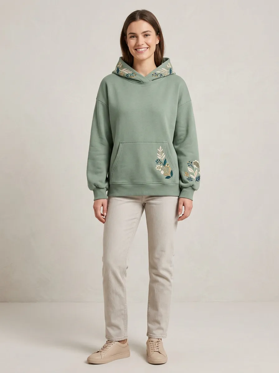 Women's Fresh Style Botanical Floral Embroidered Graphic Nature Inspired Hoodie