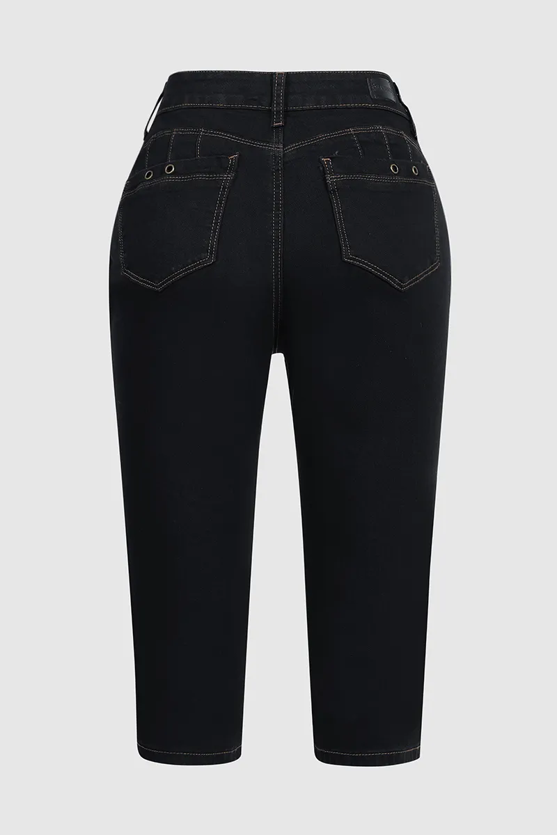 Zipper Mid Waist Capris Denim Bottom