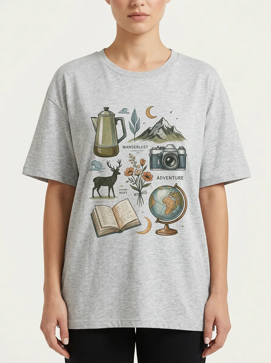 Women's Wanderlust Adventure Travel Elements Graphic T-Shirt