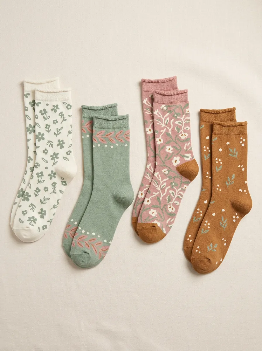 Women's Rolled Edge Floral Vine Crew Socks Four Pair Set