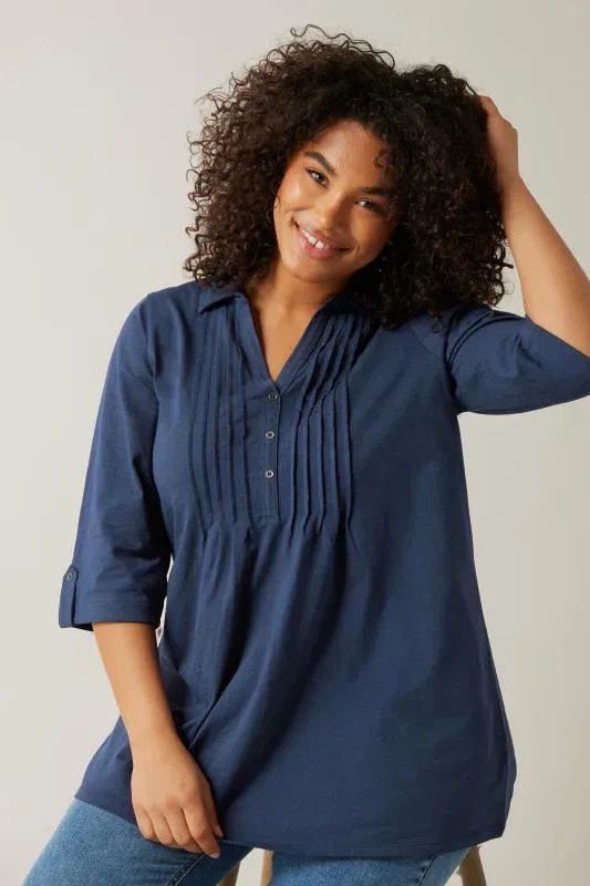 Navy Blue Pintuck Henley Top