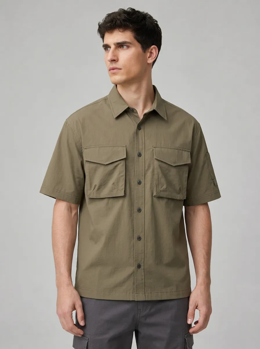 Men's Outdoor Tactical Olive Green Cargo Short Sleeve Shirt