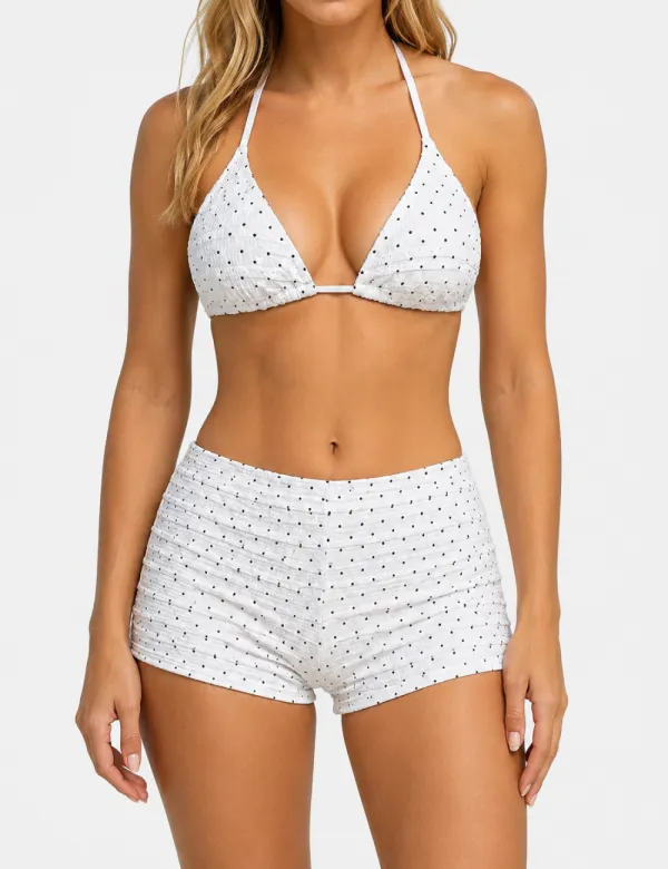 Polka Dots Ruffled Smocked Triangle Halter Bikini Set