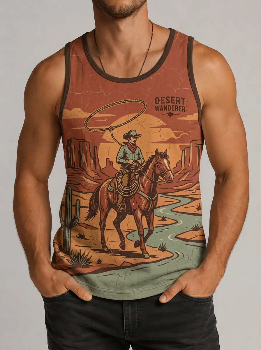 Men's Western Cowboy Desert Wanderer Printed Tank Top