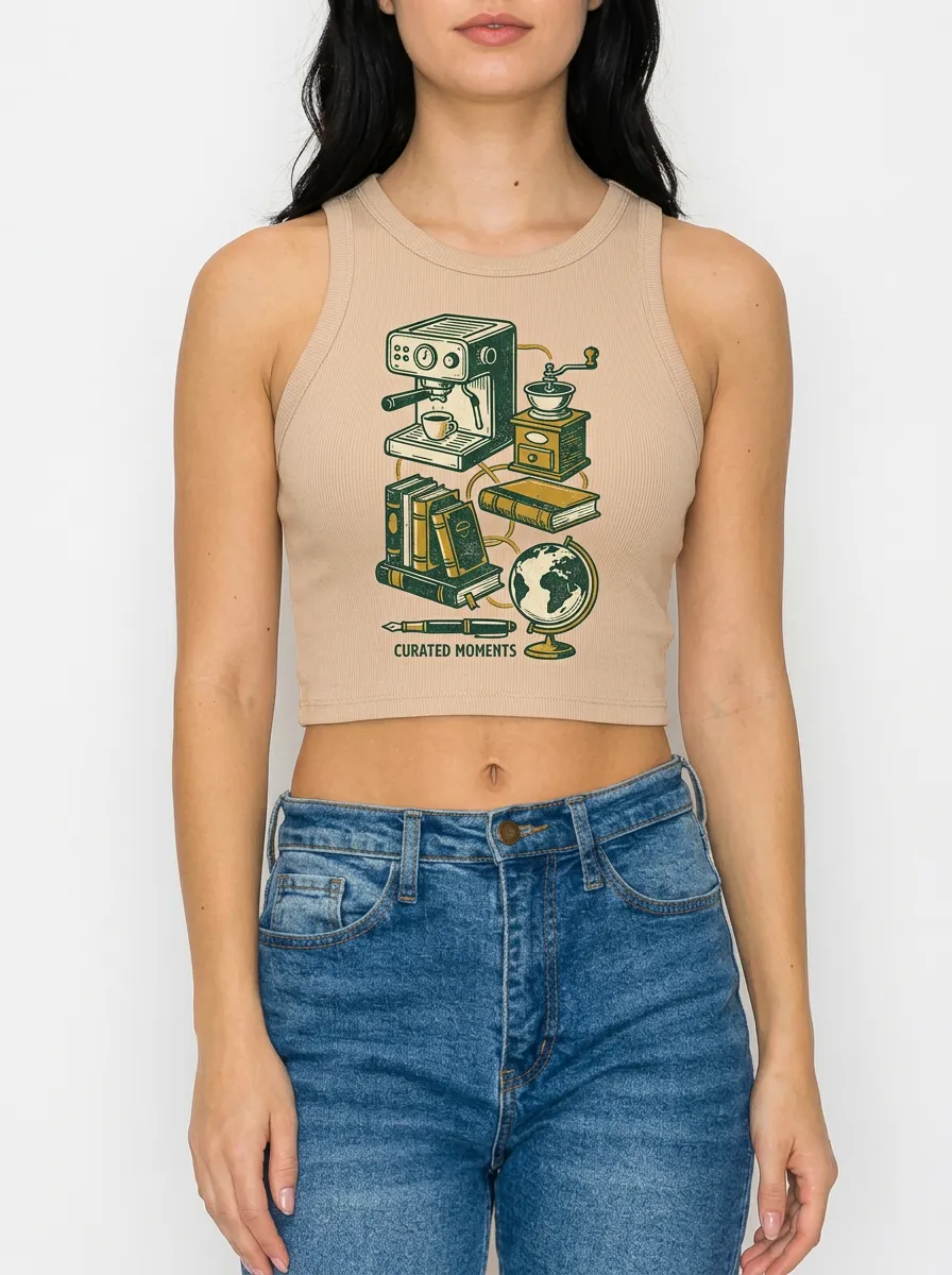 Women's Coffee Book Globe Curated Moments Printed Ribbed Crop Top