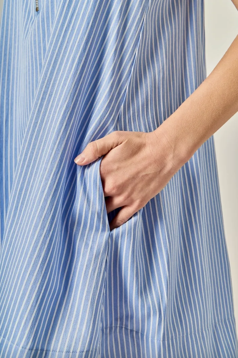 Blue Striped Collared Sleeveless Mini