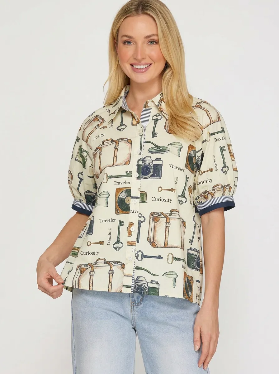 Women's Travel-Inspired Suitcase Camera Key Printed Button-Up Shirt