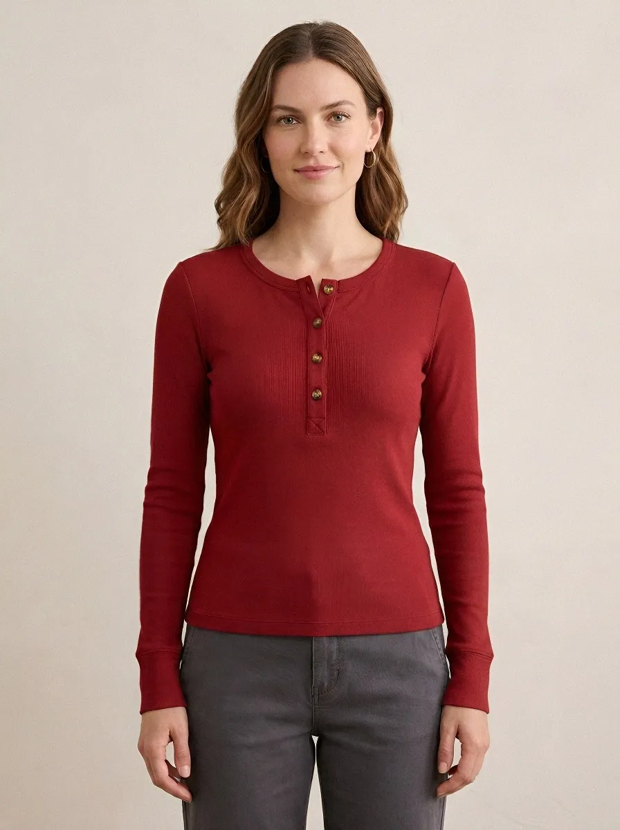 Women's Casual Basic Ribbed Long Sleeve Button Henley Shirt