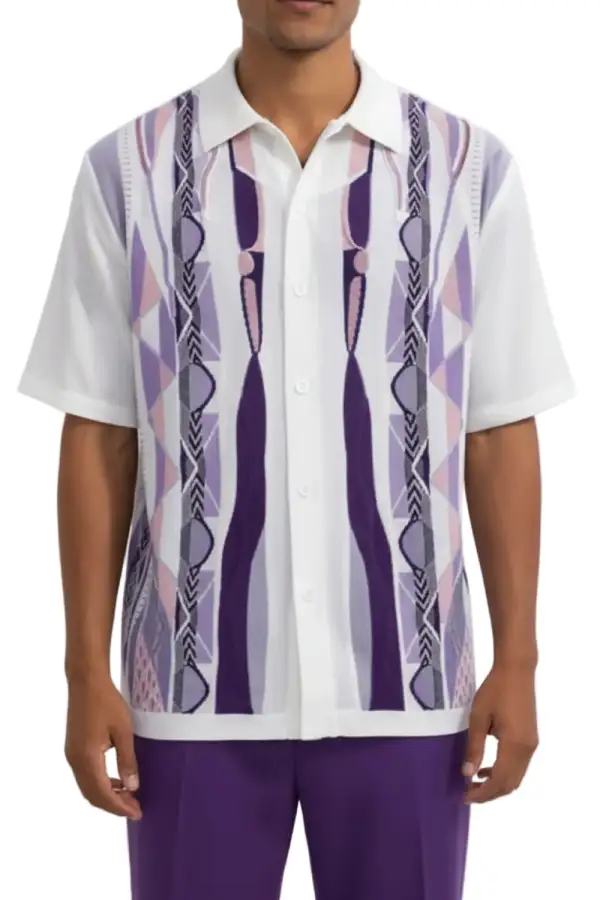 Purple Relaxed Fit Geometric Short Sleeve Walking Suit Set