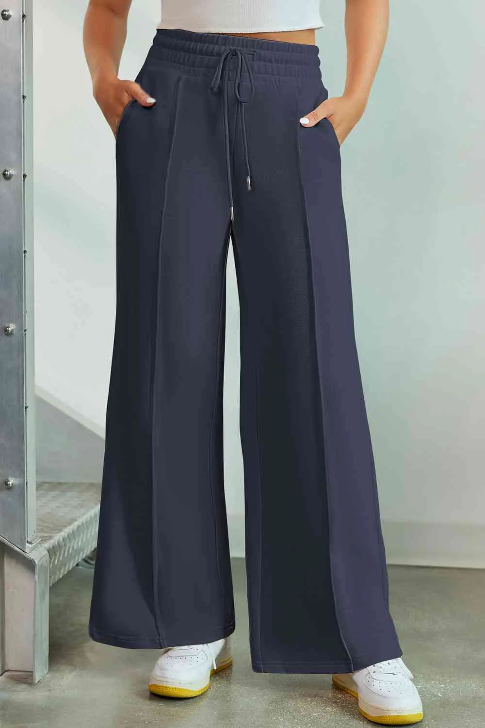 Polished Drawstring Wide Leg Pants With Pocket