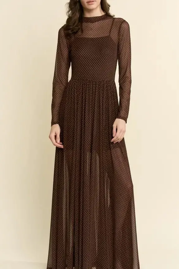 Flowing Polkadot Print Mesh Maxi Dress