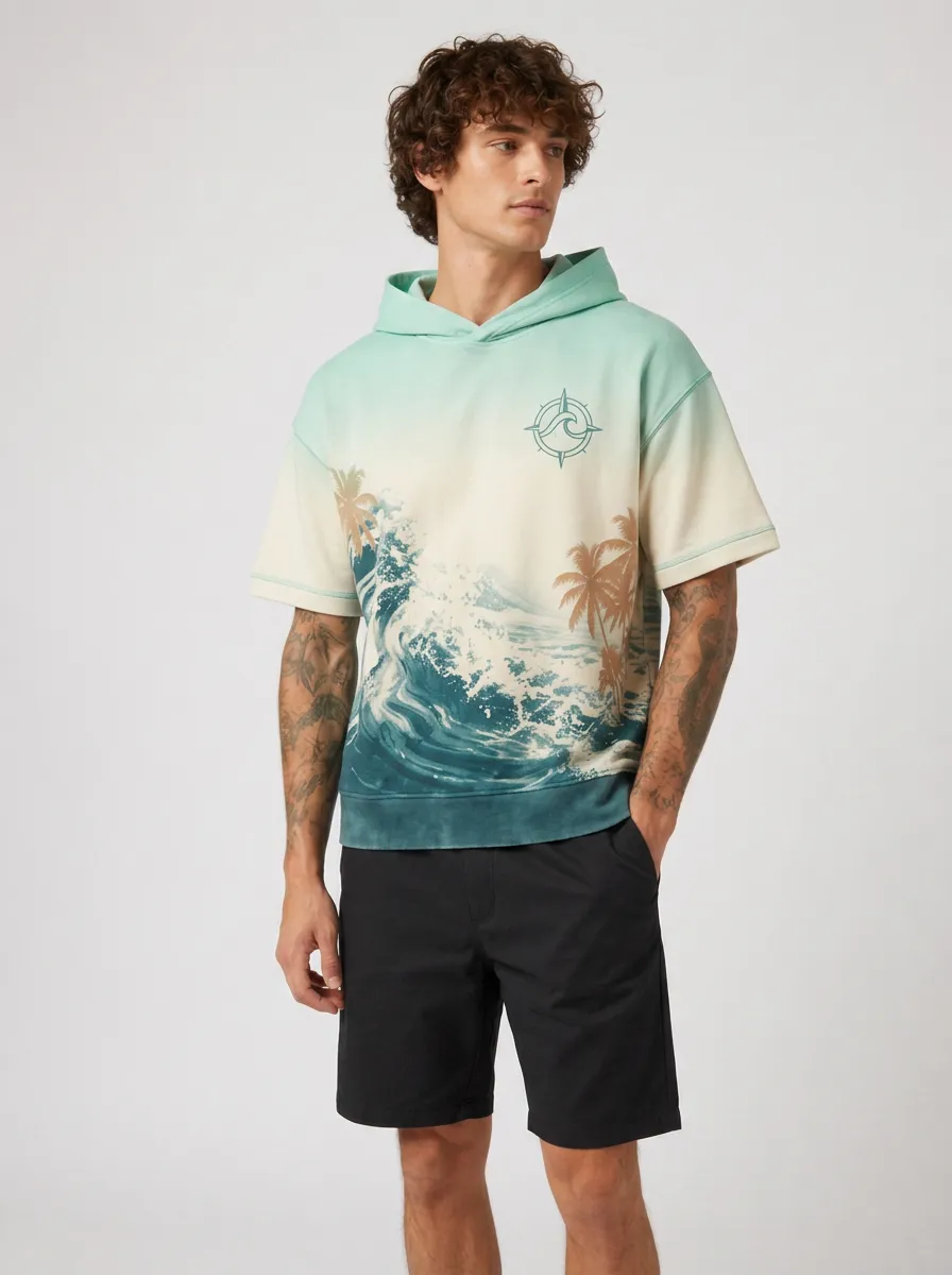 Men's Beach Lover Ocean Wave Palm Tree Printed Short Sleeve Hoodie