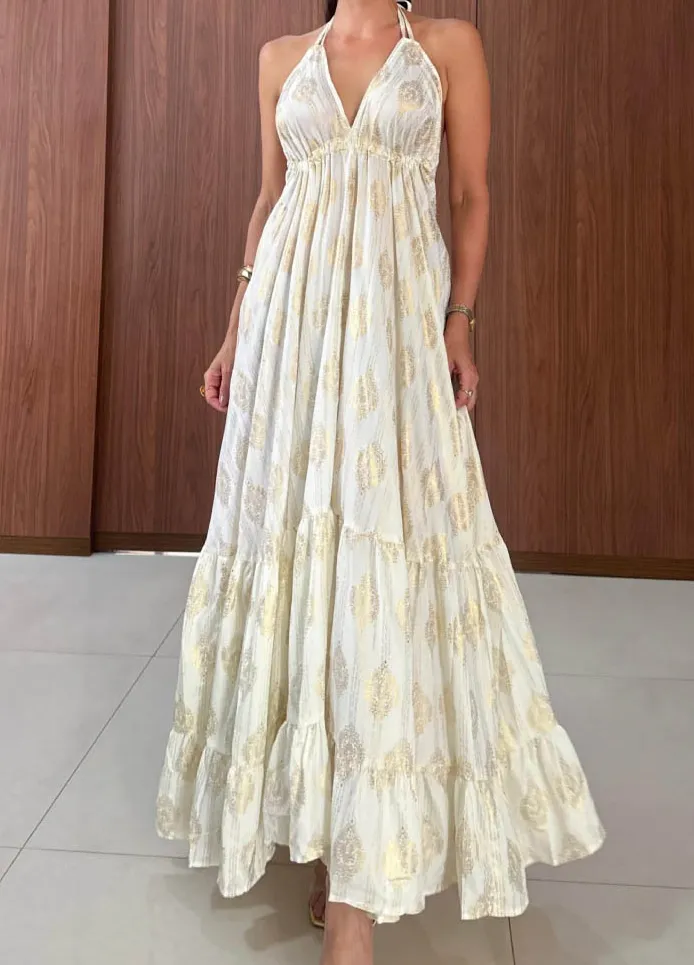 Bohemian Embossed Halter Neck Maxi Dress