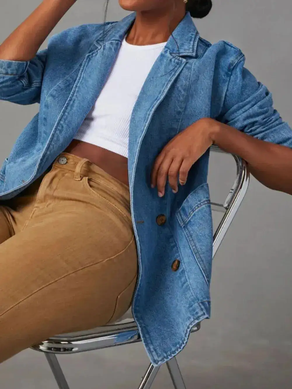 Denim Button Front Lapel Collar Pocketed Casual Jacket