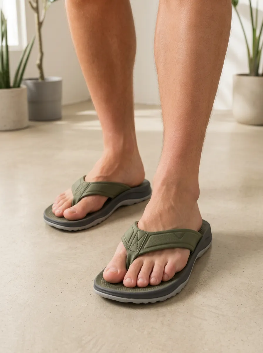 Men's Olive Green Casual Summer Printed Flip Flops