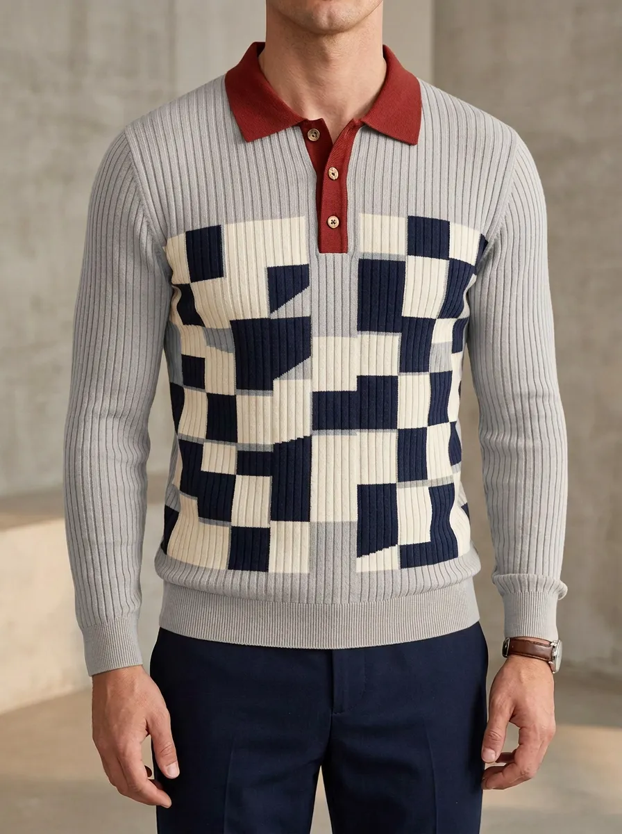 Men's Geometric Checkered Pattern Knitted Long Sleeve Polo Shirt