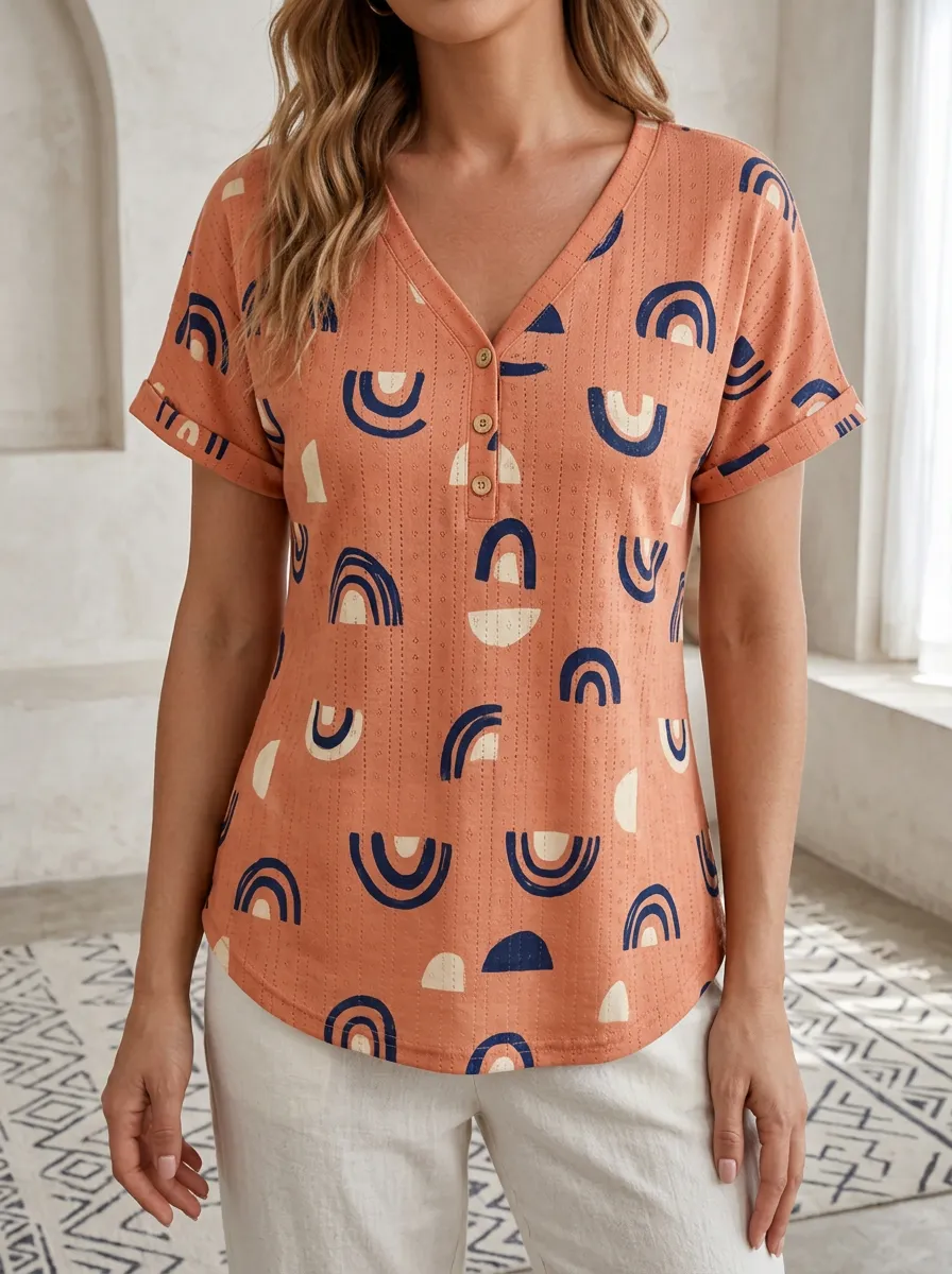 Women's Boho Abstract Rainbow Printed Button V-Neck T-Shirt