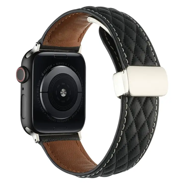 Rhombus Pattern Magnetic Folding Buckle Leather Watch Band for Watch Series 2 38 mm - Black