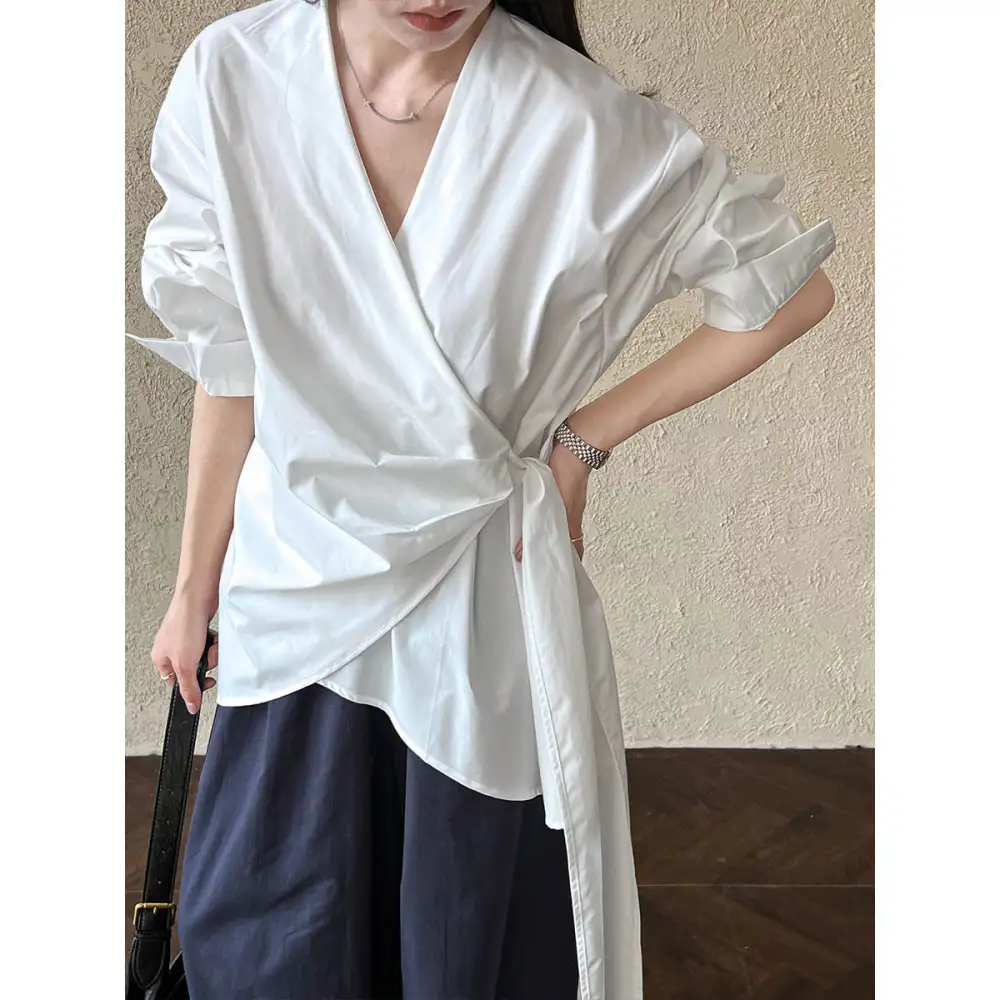 Textured Asymmetrical Waist Tie Shirt